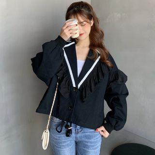 Lantern-sleeve Ruffle Trim Loose Fit Blouse