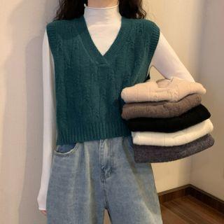 V-neck Knit Vest / Plain High-neck Long-sleeve Top