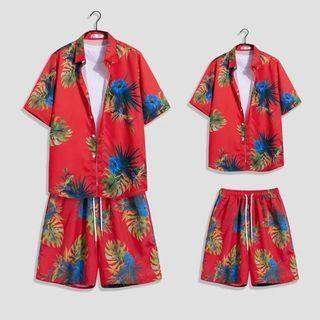 Set: Short-sleeve Floral Print Hawaiian Shirt + Shorts