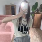 Short-sleeve Cat Print Top / Knit Top