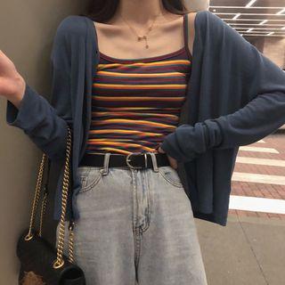 Striped Tank Top / Long-sleeve Plain Cardigan