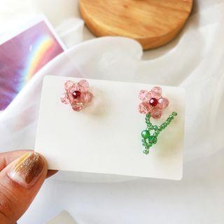 Flower Faux Crystal Asymmetrical Earring 1 Pair - S925 Silver Earrings - Pink & Green - One Size
