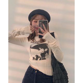 Long-sleeve Print Top Almond - One Size