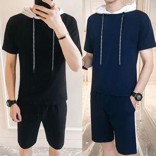 Set: Short-sleeve Two-tone Hoodie + Shorts