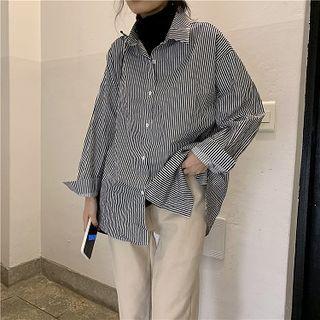 Striped V-neck Single-breasted Loose-fit Long-sleeve Blouse