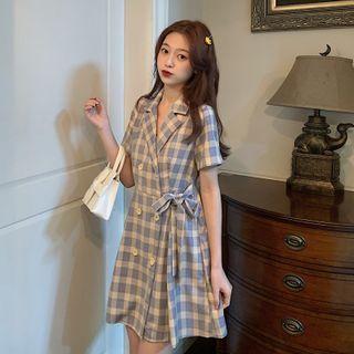 Tie-waist Double-buttoned Plaid A-line Dress