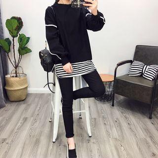 Set: Contrast Trim Pullover + Striped Tank Top + Sweatpants