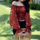 Off-shoulder Floral Print Smocked Blouse Red - One Size