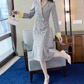 Set: Plaid Double Breasted Cropped Blazer + Midi Mermaid Skirt