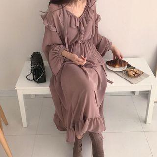 Balloon-sleeve Ruffle A-line Midi Dress