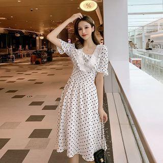 Lace Trim Dotted Short-sleeve Midi A-line Dress
