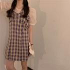 Puff-sleeve Mesh Top / Plaid Slipdress