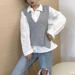 Plain Shirt / V-neck Knit Vest
