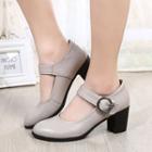 Genuine-leather Chunky-heel Buckle Pumps