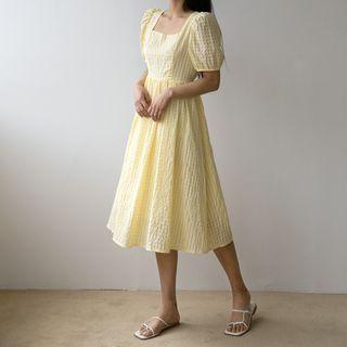 Square-neck Tie-back Midi Check Dress