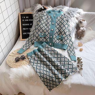 Set: Argyle Print Cardigan + Knit Skirt