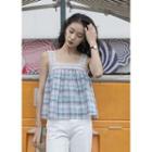 Sleeveless Lace Trim Plaid Top Blue - One Size