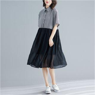 Elbow-sleeve Plaid Panel Midi Dress Black - One Size