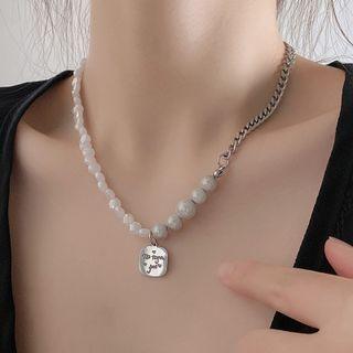 Square Pendant Faux Pearl Stainless Steel Necklace Silver - One Size
