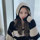 Color Block Perforated Knit Hoodie Stripes - Black & White - One Size