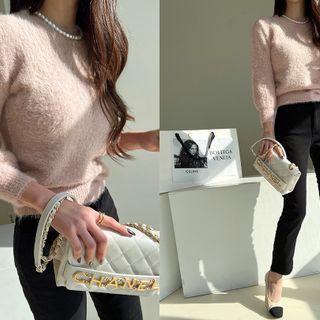 Round-neck Fluffy Sweater Beige - One Size