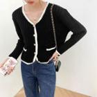 V-neck Two Tone Button-up Knit Cardigan Black - One Size