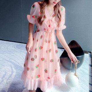 V-neck Ruffle Trim Strawberry Printed Mesh Dress