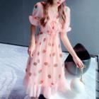 V-neck Ruffle Trim Strawberry Printed Mesh Dress