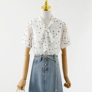 Short-sleeve Heart Blouse / Denim Midi A-line Skirt With Belt