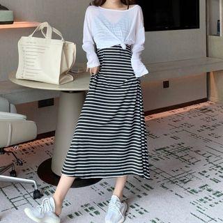 Spaghetti Strap Striped Midi Dress / Long-sleeve T-shirt
