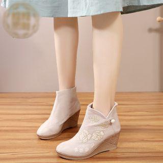 Flower Embroidered Wedge Ankle Boots