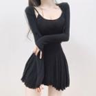 Set: Spaghetti Strap Plain Mini A-line Dress + Cropped Cardigan