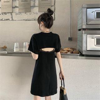 Mock Two-piece Short-sleeve A-line Dress Black - One Size