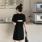 Mock Two-piece Short-sleeve A-line Dress Black - One Size