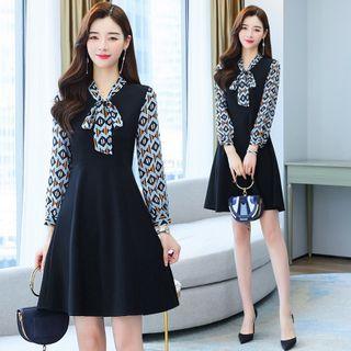 Long-sleeve Tie-neck Print Panel Mock Two-piece Dress