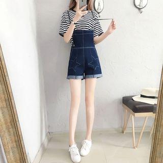 Set: Striped Short Sleeve T-shirt + Dungaree Shorts