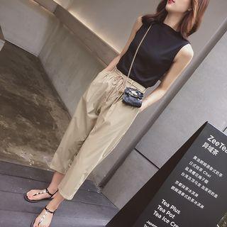 Set: Plain Sleeveless Top + Cropped Tapered Pants