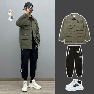 Plain Loose-fit Jacket / Long-sleeve Two-tone Lettering T-shirt / Print Cargo Pants