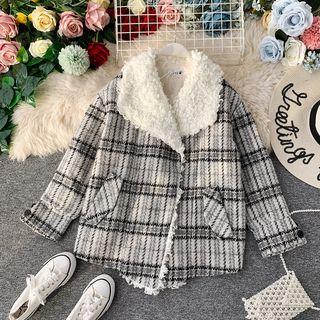 Faux Shearling Buttoned Plaid Coat