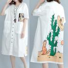 Printed Elbow-sleeve Midi Shirt Dress