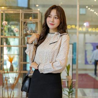 Beribboned Contrast-trim Patterned Top