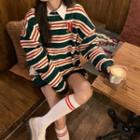Lettering Striped Collared Sweatshirt Stripe - Green & White & Tangerine - One Size