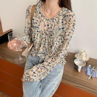 Floral Ruffle Trim Blouse Floral - Blue & White - One Size