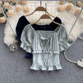 Puff Short-sleeve Square-neck Drawstring Ruffle Top