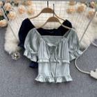 Puff Short-sleeve Square-neck Drawstring Ruffle Top