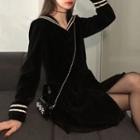 Collared Long-sleeve A-line Skirt Black - One Size