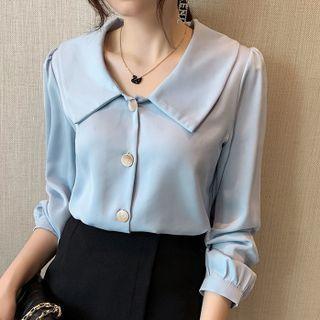 Long-sleeve Wide Collar Plain Blouse
