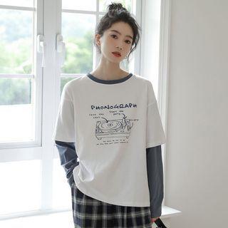 Long-sleeve Print T-shirt White & Gray - One Size