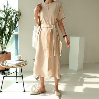 Tie-waist Long T-shirt Dress Beige - One Size