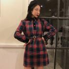 Plaid Long-sleeve Collared Dress With Belt